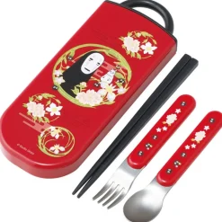 Dark Red Set Chopsticks Spoon Fork No Face - Spirited Away